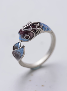 S925银复古珐琅鲤鱼开口戒指女款