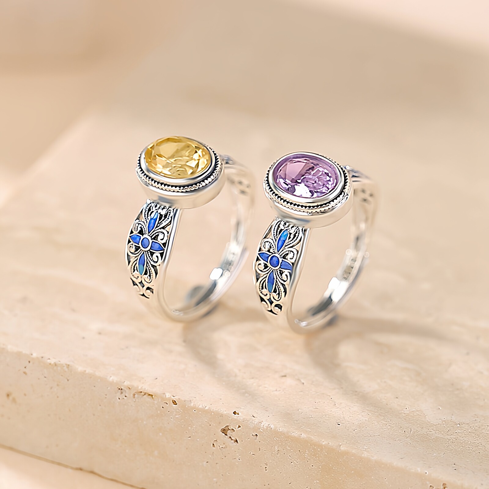 2025新款紫水晶s925纯银黄水晶蛋面椭圆切面如意珐琅镂空银戒指女