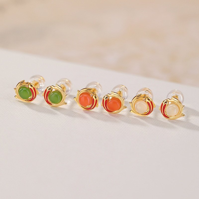 S925纯银镀金和田玉碧玉水红南红玛瑙国潮幸运鲤鱼圆珠转运耳钉女,饰品/流行首饰/时尚饰品新,耳钉,淘宝优惠券,粉丝福利购,淘宝优惠卷