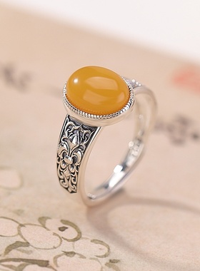 壹鹿银S925纯银蜜蜡蝴蝶戒指复古做旧气质百搭几何蛋面开口银指环