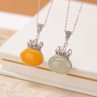 高端和田玉蜜蜡S925纯银晴水玉福袋福到招财进宝可转动吊坠项链女