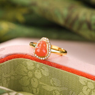 S925纯银镀金水红葫芦镶边精致福禄中式轻奢高端显白银指环戒指女