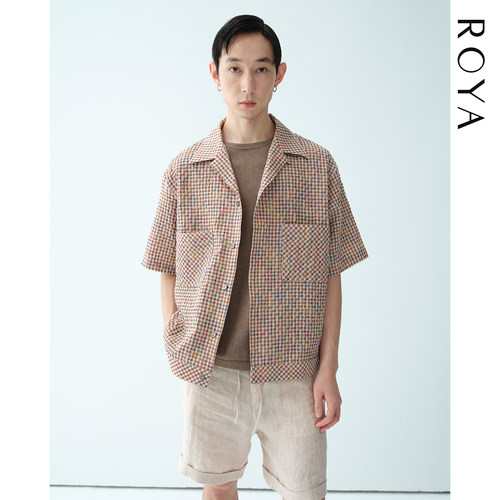 ROYA丨亚麻棉混纺格纹泡泡纱古巴领短袖衬衫进口法国面料晕染复古