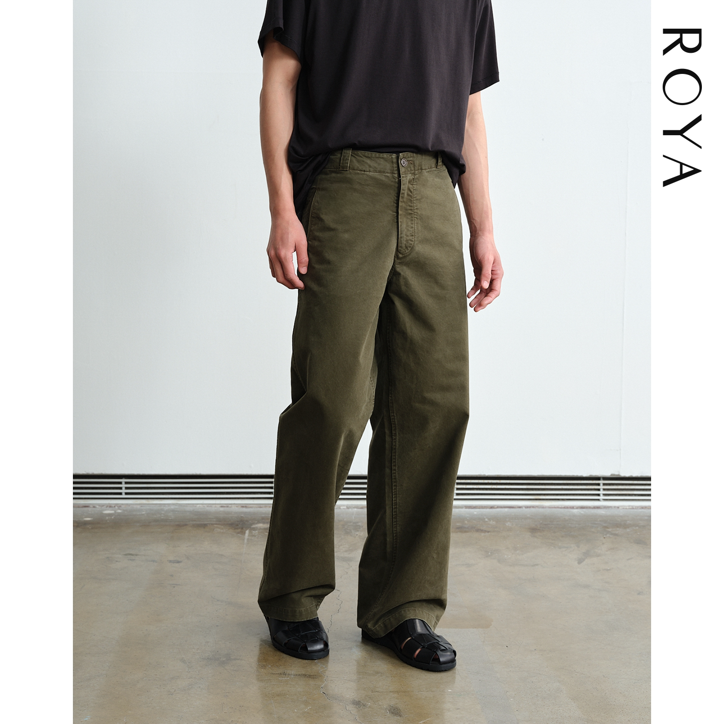 ROYA | 高密长绒棉复古水洗橄榄绿工装裤男通勤休闲直筒宽松春款