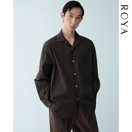 ROYA | 60支新疆长绒棉灰褐古巴领长袖微廓形贴袋衬衫