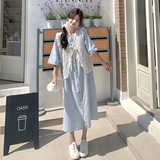 蓝色减龄蕾丝马甲休闲显瘦衬衫裙新款学生ootd连衣裙女夏，女装连衣裙，2D037