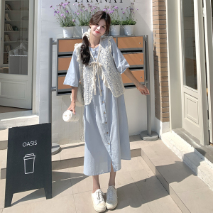 蓝色减龄蕾丝马甲休闲显瘦衬衫裙新款学生ootd连衣裙女夏图片