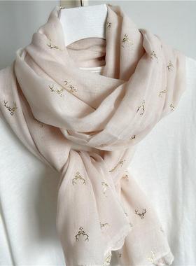 新款围巾冬季女麋鹿旅游春秋薄款棉麻丝巾时尚护颈保暖披肩两用