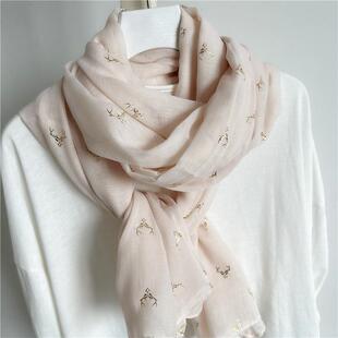 新款围巾冬季女麋鹿旅游春秋薄款棉麻丝巾时尚护颈保暖披肩两用