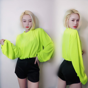 新款荧光绿卫衣女潮ins跳舞街舞欧美宽松短款露脐抽绳套头上衣潮
