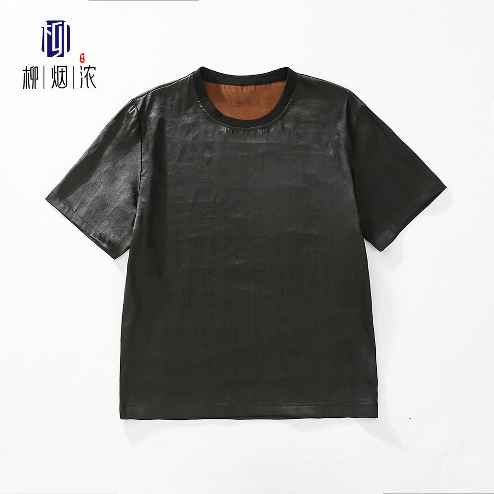 【柳烟浓】100%桑蚕丝素绉缎香云纱2025夏季圆领男士短袖T恤宽松