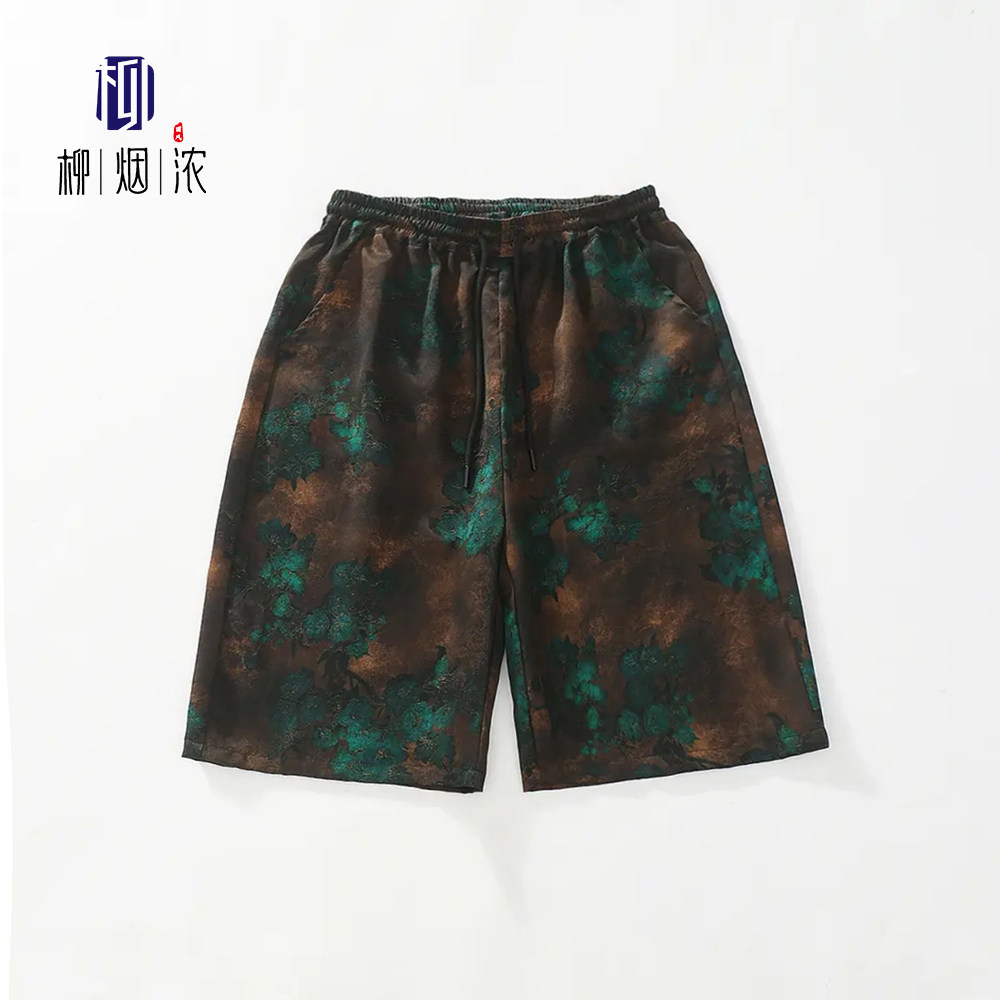 【柳烟浓】100%桑蚕丝花萝五分裤男士短裤真丝香云纱松紧高腰薄款 - 柳烟浓香云纱男装出品