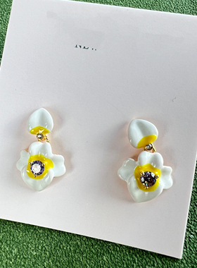 青岛外贸饰品「白黄鸢尾花」珐琅彩系列·紫水晶耳钉戒指手镯套装