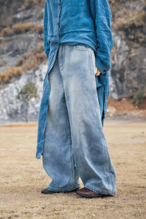 疯子张原创宽松复古浅蓝脚口破洞个性设计牛仔裤长裤直筒裤08611