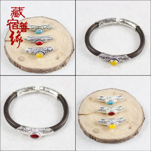 西藏鸡血藤手镯配件松石蜜蜡莲花银头藏式弯管金刚藤藏银配饰弯管