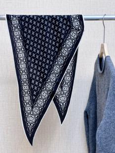 花砖印花真丝羊毛丝巾百搭三角巾 日系黑白简约 菱形造型围巾