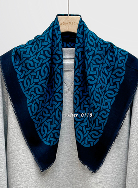 After【质感老钱 · 蓝色丝毛款】钩针花边真丝羊毛丝巾围巾方巾