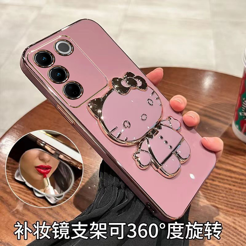 适用VIVO V27海外版手机壳防摔V2246国际版硅胶卡通保护套创意KT猫补妆镜子支架个性新款