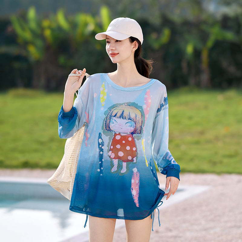 新款微胖大码三件套外罩泳衣女渐变色可爱学生显瘦遮肚高级感温泉