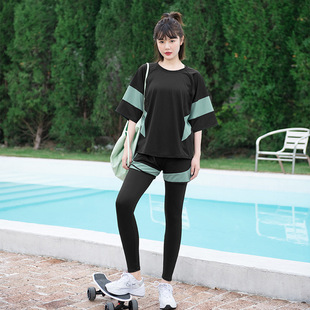 大码泳衣女保守显瘦学生运动三件套胖mm200斤宽松长裤短袖游泳装