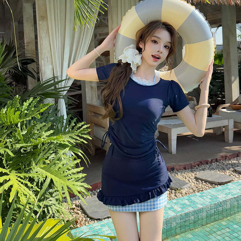 大码微胖简约假两件连体泳衣女