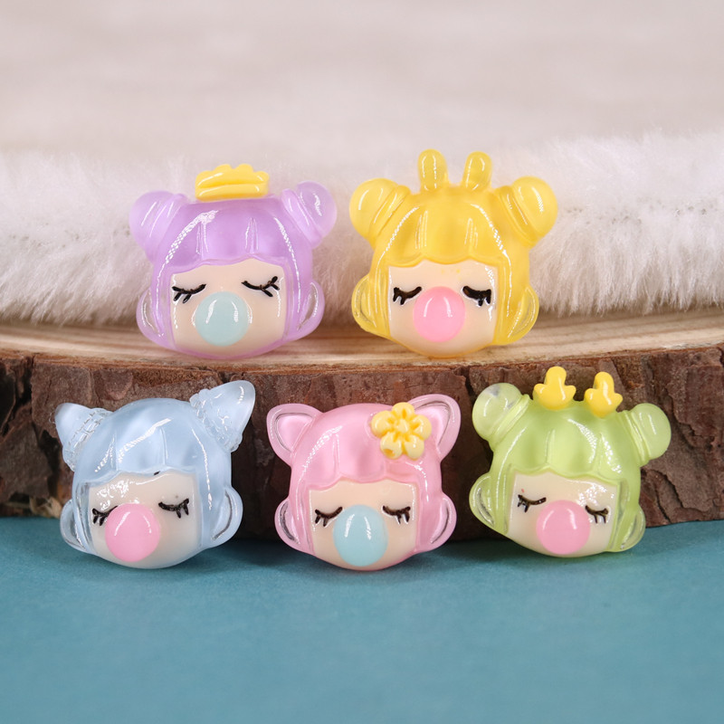 卡通吐泡泡小女孩冰透色树脂配件diy奶油胶手机壳材料头饰品发夹