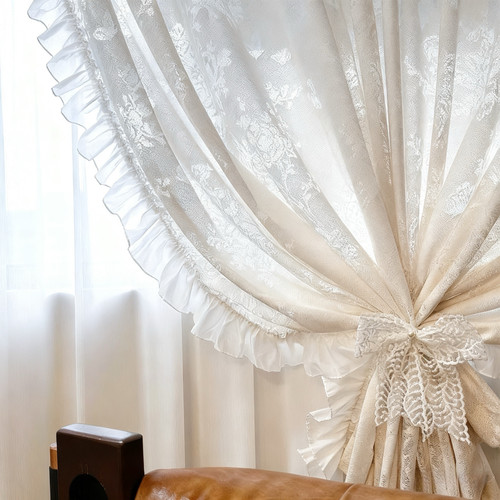 新款窗饰素锦缎褶皱哑光木耳边侧边花边白色黑色米色