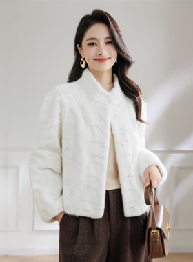 海宁新款女立领水貂毛皮草外套短款女真貂拼貂裘皮大衣2025白色