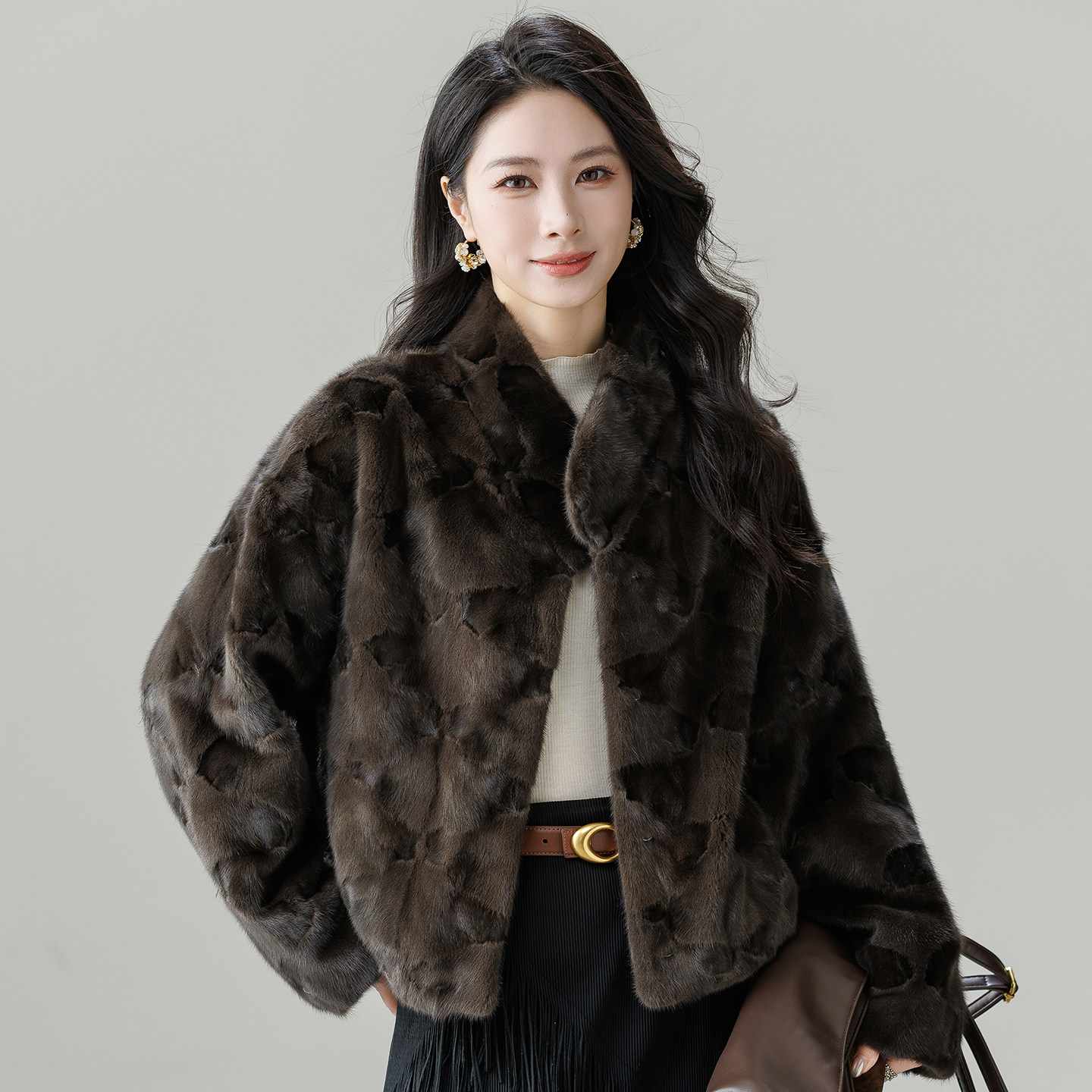 进口水貂拼貂皮草外套女