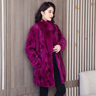 新款海宁2025年秋冬水貂皮草外套女中长款狐狸毛领貂皮大衣拼貂毛