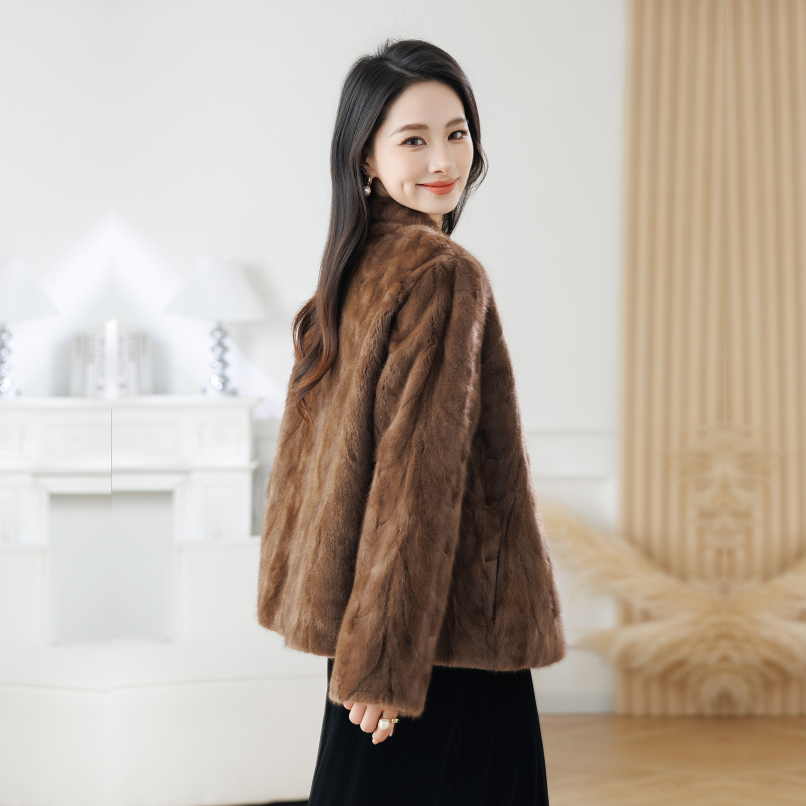 海宁V领水貂毛皮草外套女休闲