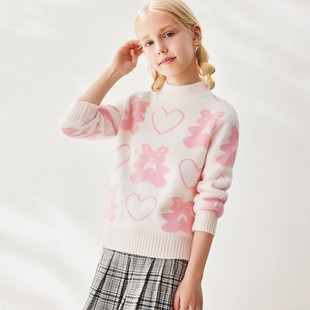 儿童秋冬加绒线衫毛衣舒适暖绒韩版小熊心型中领夹中大童女童上衣
