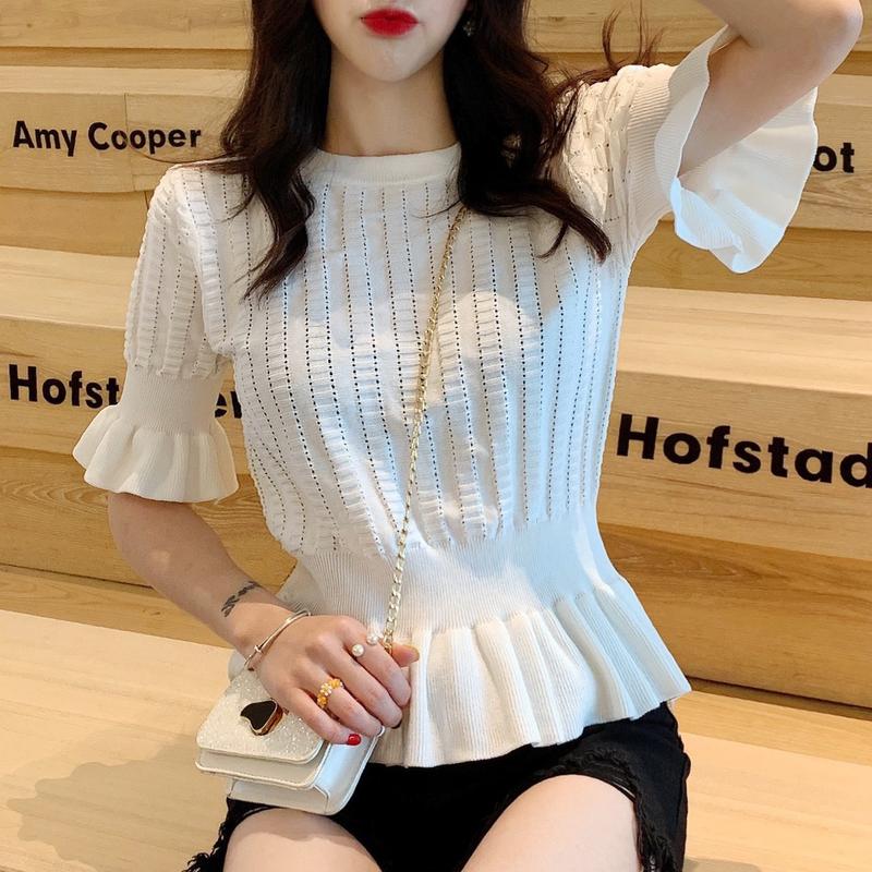 New smart fashion knitwear women's round neck short sleeve waist slim and versatile slim top