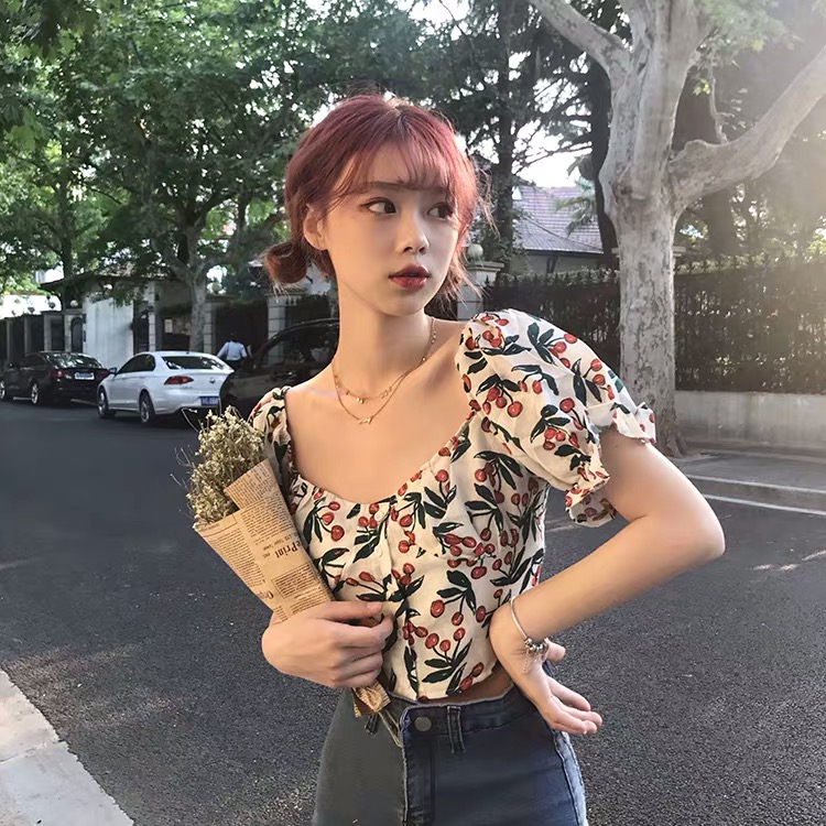 Chiffon French retro square collar cherry print waist short top niche design shirt