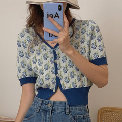 Summer retro Slouchy collar contrast print single breasted short sleeve knitted cardigan