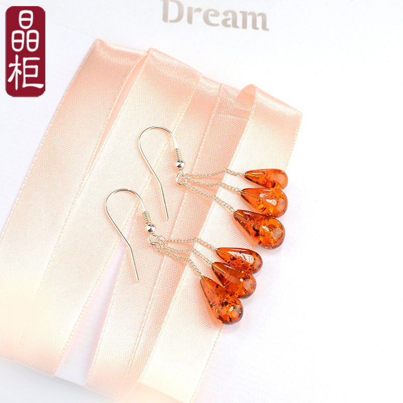 925纯银水滴琥珀耳环女长款流苏