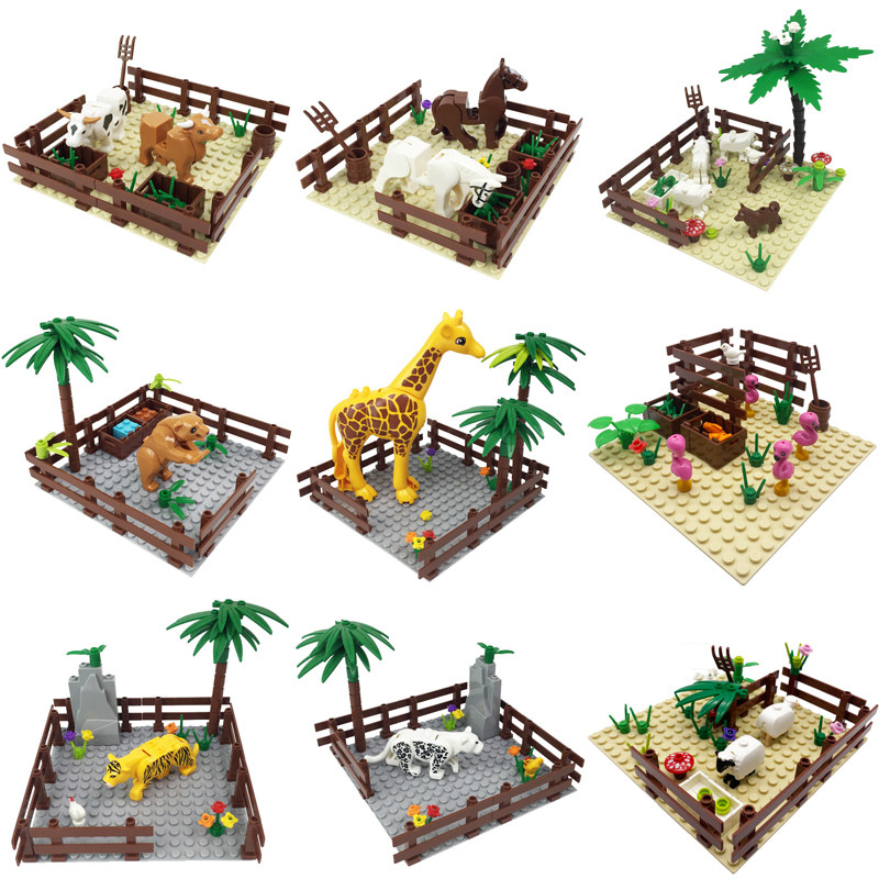 动物园小颗粒积木摆件长颈鹿老虎