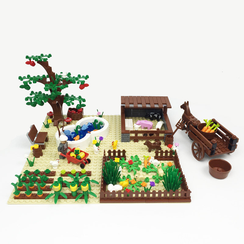 小颗粒拼装积木益智农场玩具moc牧场猪圈鱼塘苹果树农夫兔子鸡窝