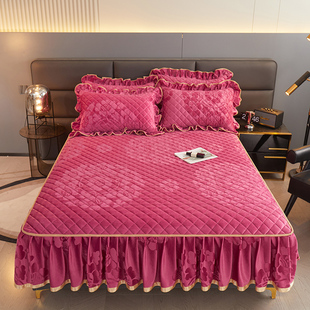 牛奶绒夹棉床笠式 水晶绒花边冬加绒厚床垫保护套床罩 床裙单件新款