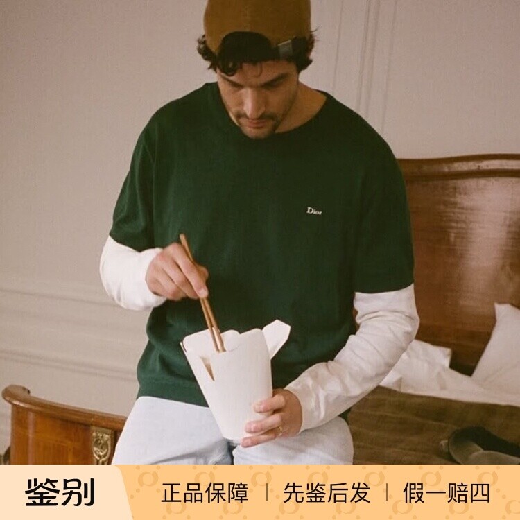 【国内现货】DIOR迪奥新款刺绣logo桑蚕丝混纺假两件绿色长袖T恤