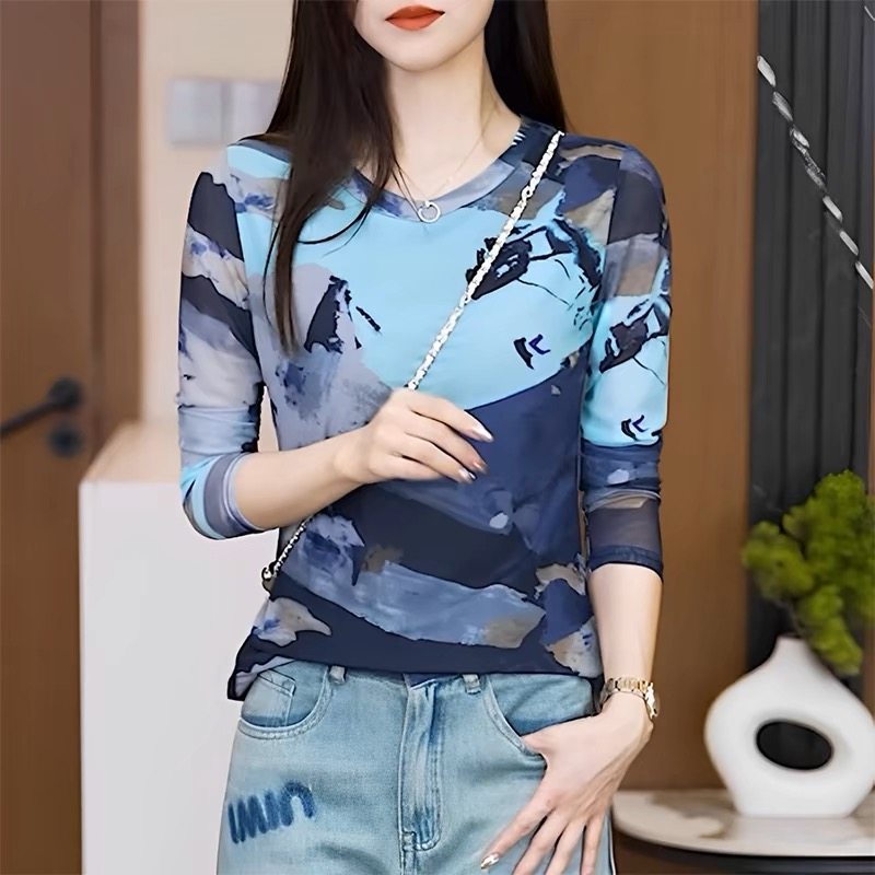 水墨画印花长袖T恤女2025春秋新款网纱薄款休闲百搭圆领显瘦上衣