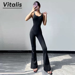 Vitalis优雅形体舞蹈练功服带胸垫美背瑜伽连体衣吊带长裤喇叭裤