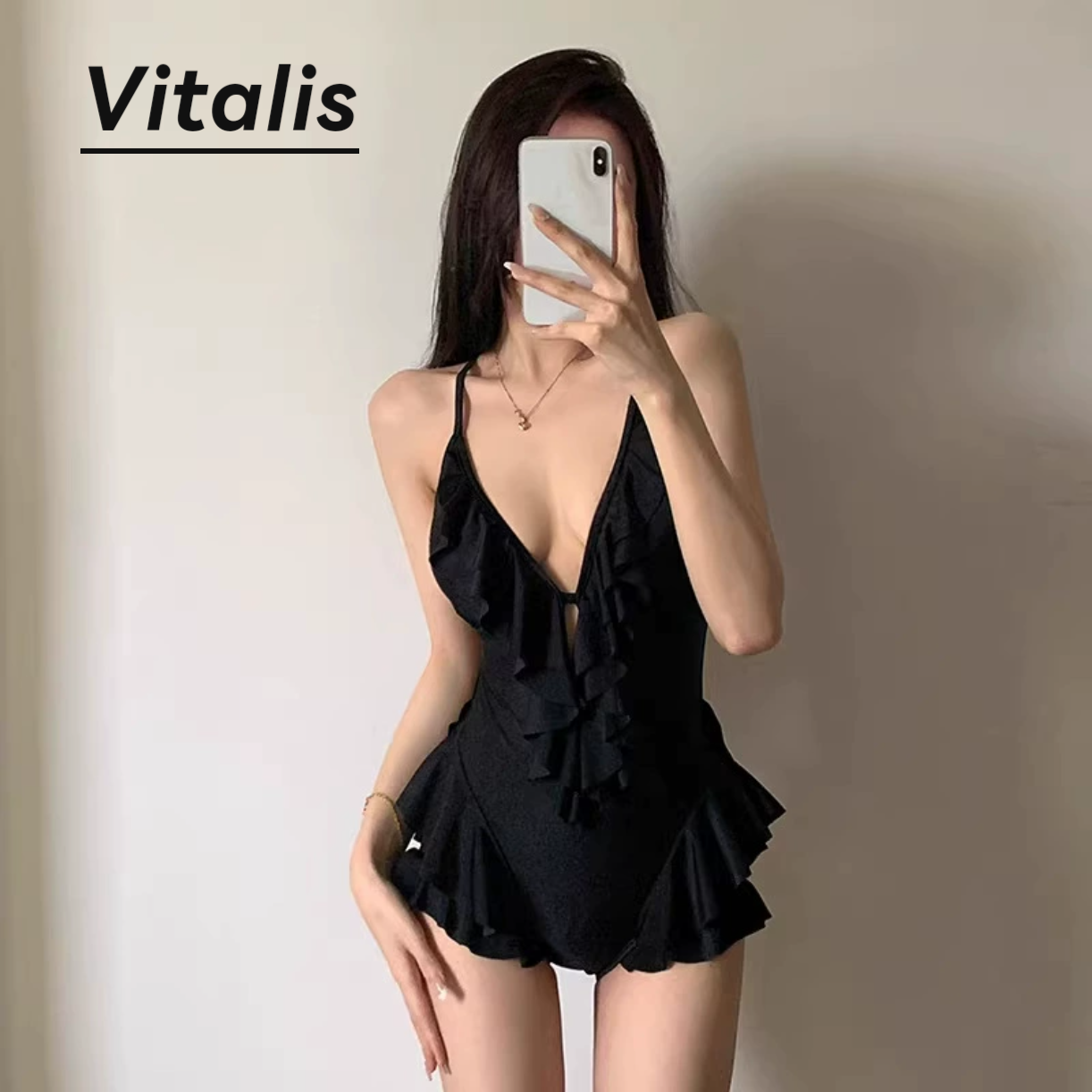 黑色深V荷叶边裙式连体泳衣女