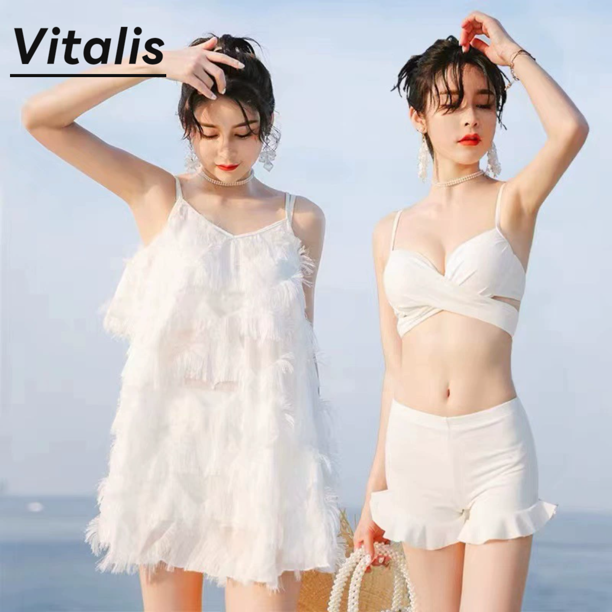 Vitalis夏季新款分体比基尼三件套羽毛温泉显瘦遮肚仙女范泳衣