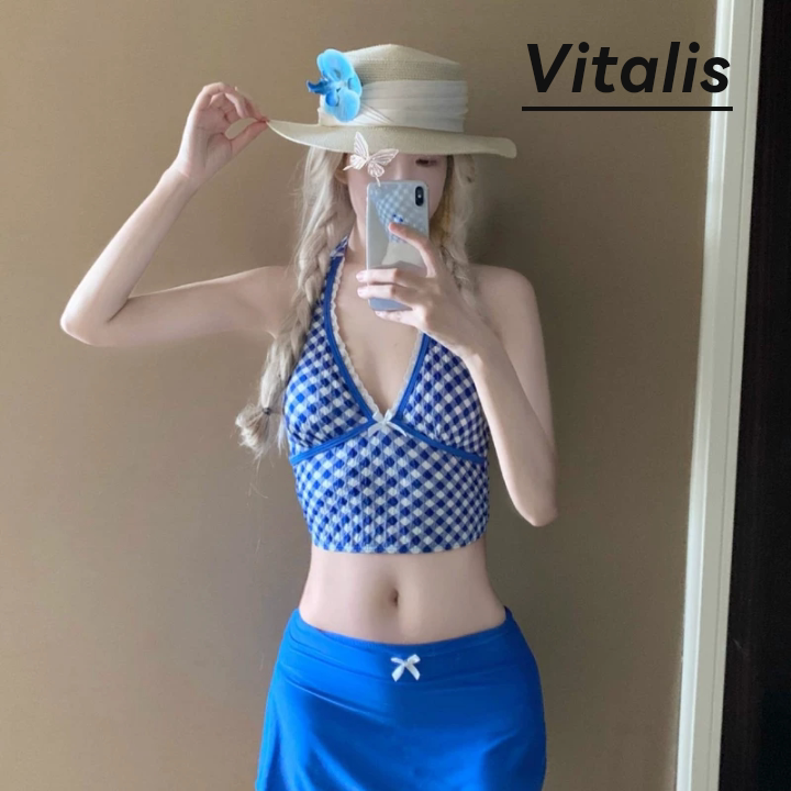 Vitalis挂脖分体泳衣格纹比基尼