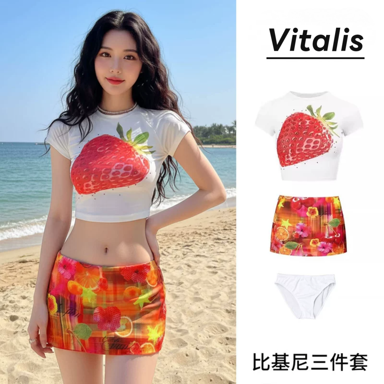 草莓印花比基尼三件套小胸显瘦
