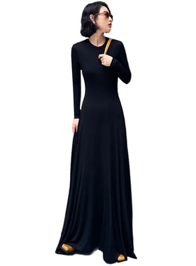 2024年春夏新款抖音长款连衣裙圆领长袖莫代尔棉修身大摆人气长裙