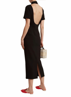 2024春夏季长款连衣裙立领挂脖短袖莫代尔露背性感长裙包臀一步裙