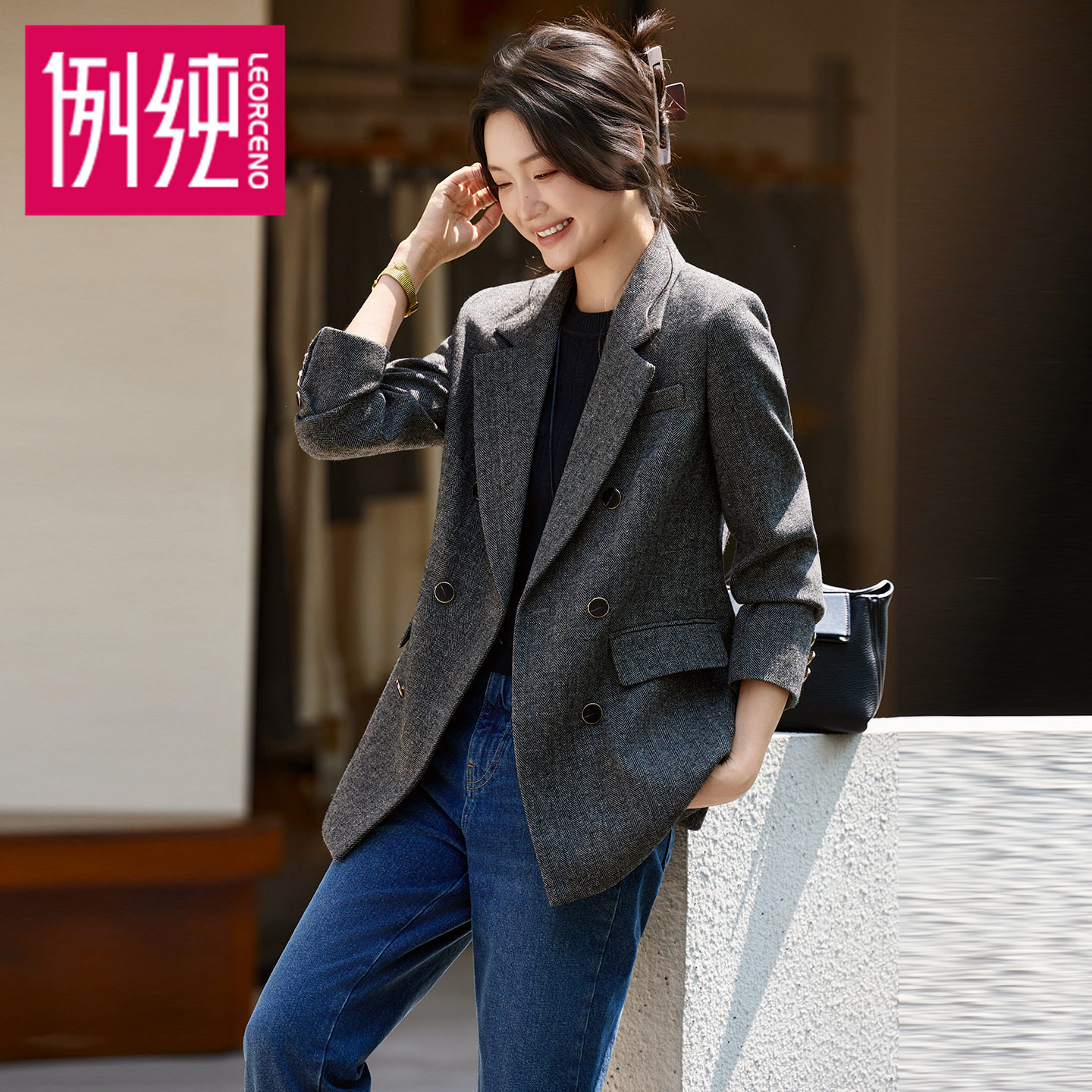 人字斜咖色新款中长款休闲宽松长袖西服小西装外套女高级感秋质感