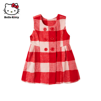 Hello Kitty秋女童格子毛呢连衣裙无袖背心裙子含绵羊毛呢料